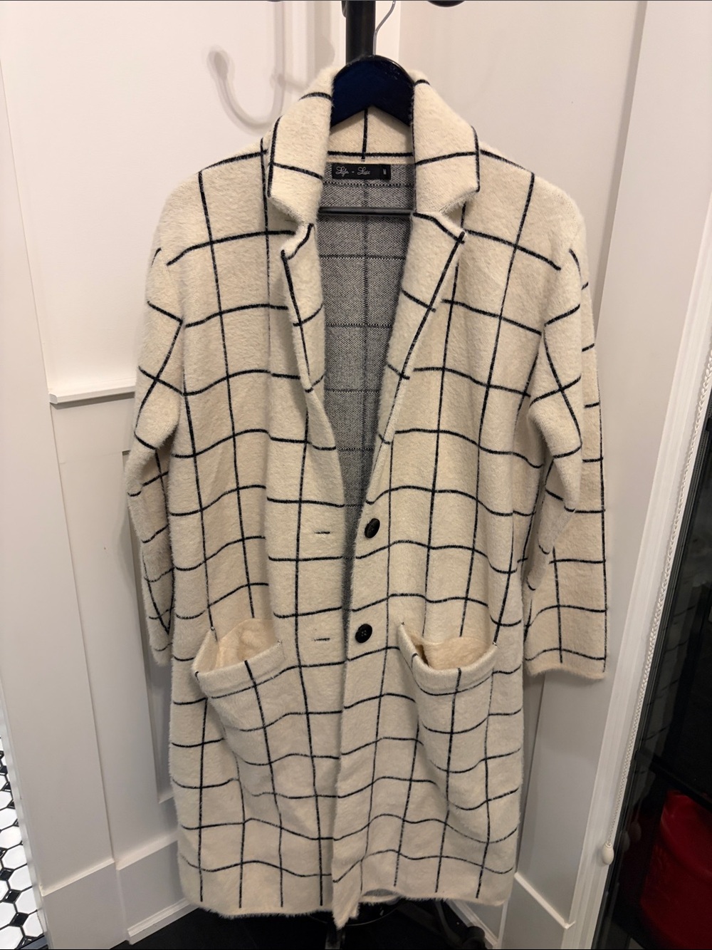 Windowpane Teddy Coatigan in Cream and Black